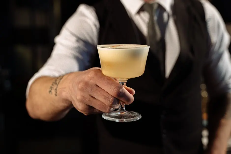 Close-up of a bartender holding a sophisticated cocktail in a coupe glass, showcasing mixology skills.