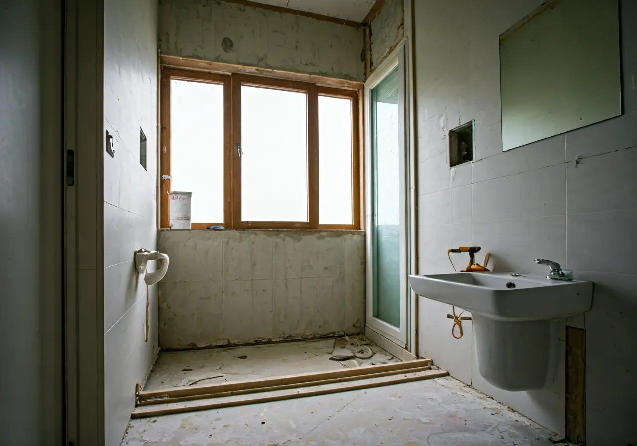 A modern, stylish bathroom under renovation with construction tools. 35mm stock photo