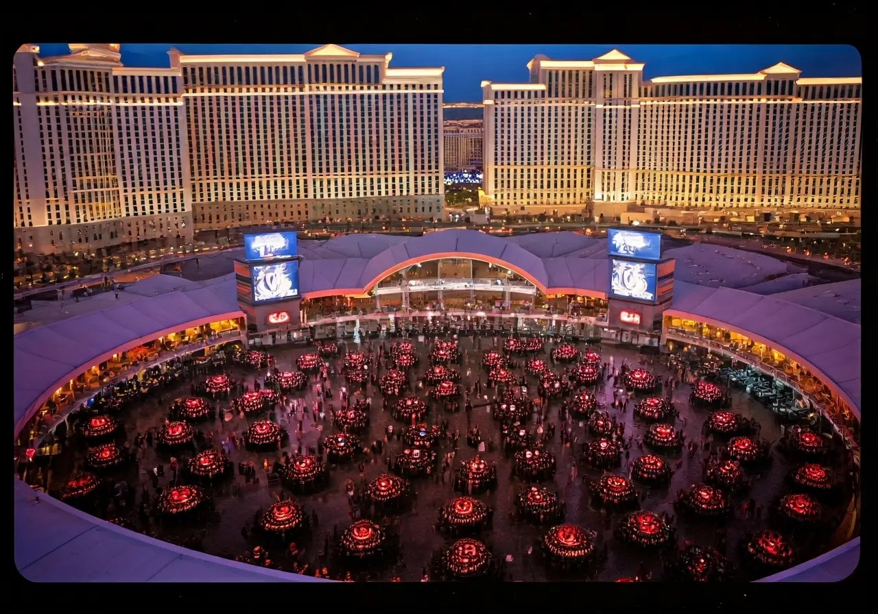 Aerial view of a bustling Las Vegas event venue. 35mm stock photo