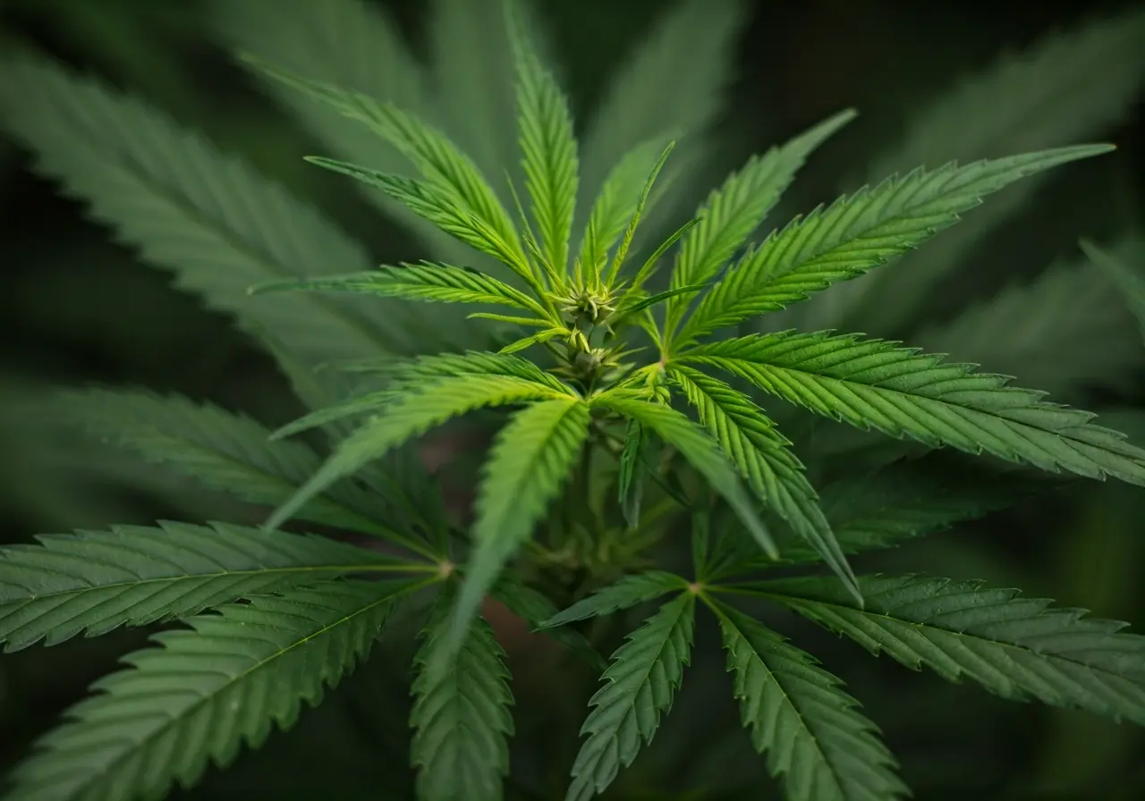 A lush green cannabis plant under natural sunlight. 35mm stock photo