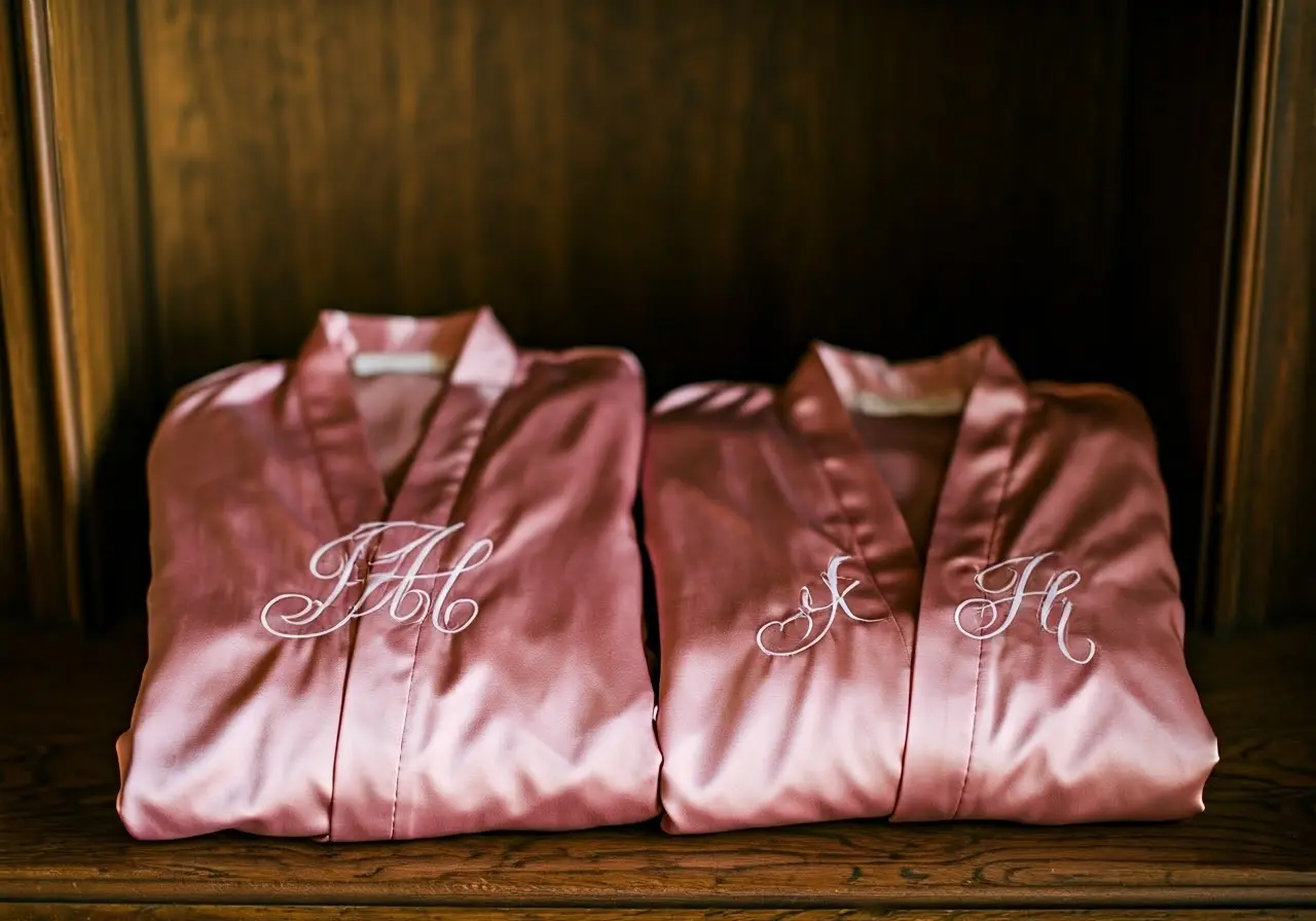 Silk bridesmaid robes elegantly folded with embroidered initials displayed. 35mm stock photo
