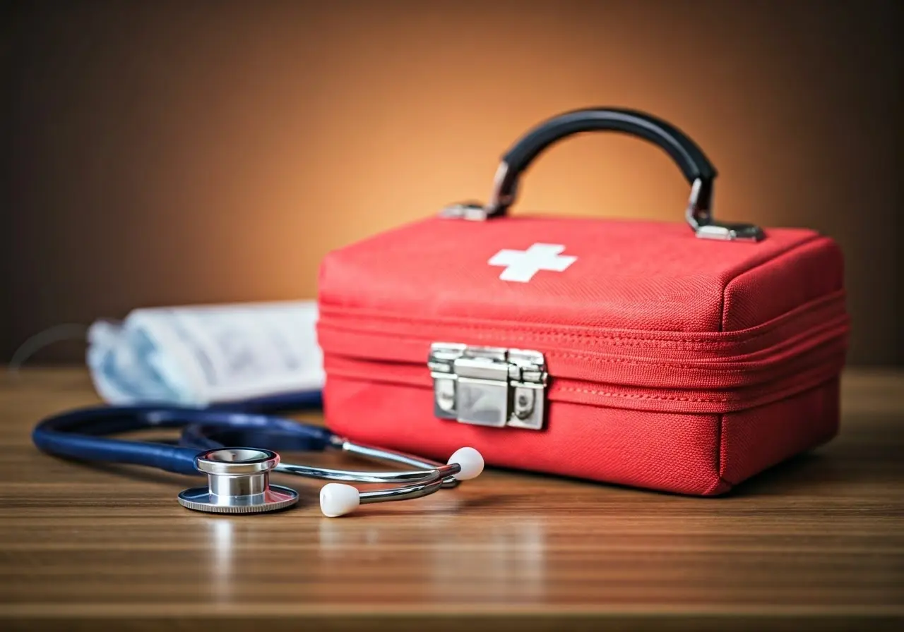 A stethoscope next to a first aid kit on table. 35mm stock photo