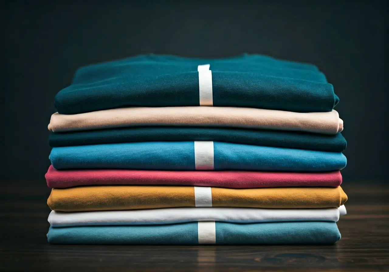 A colorful stack of uniquely designed Christian graphic tees. 35mm stock photo