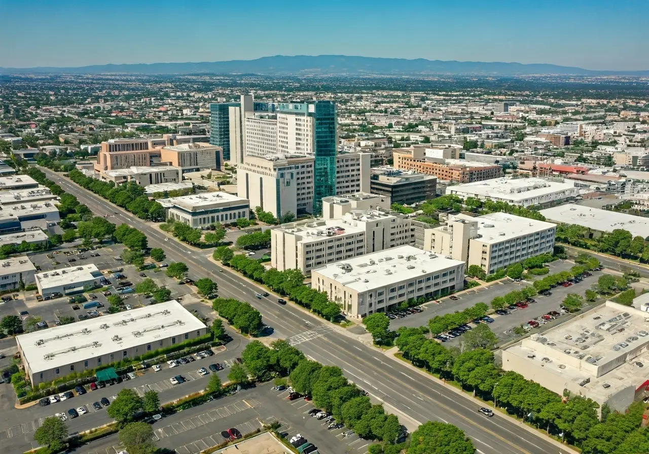 Aerial view of San Leandro’s bustling healthcare facilities. 35mm stock photo