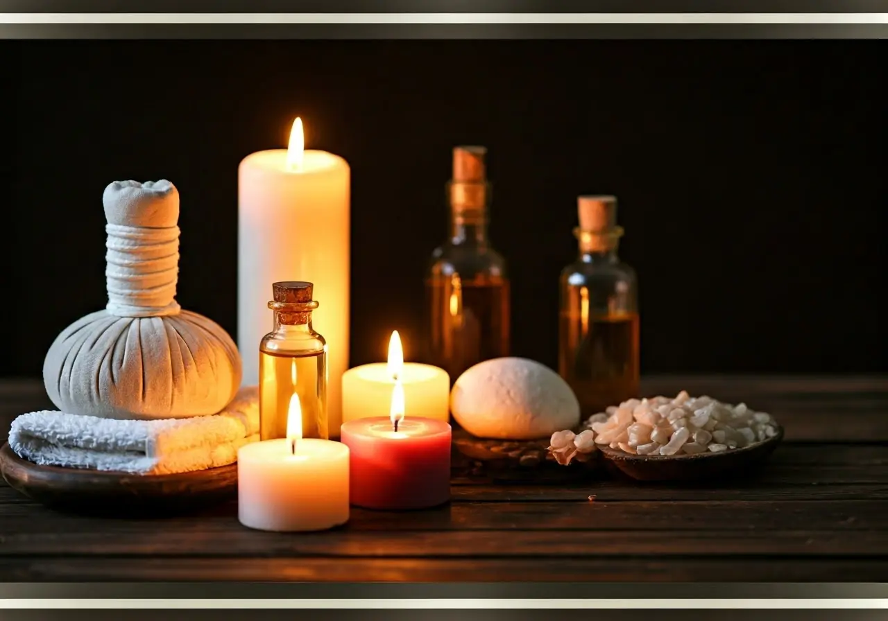 A serene spa setting with calming candles and essential oils. 35mm stock photo