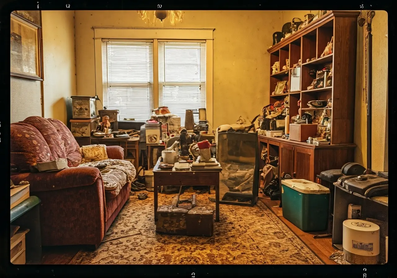 A cluttered living room overflowing with miscellaneous items and junk. 35mm stock photo