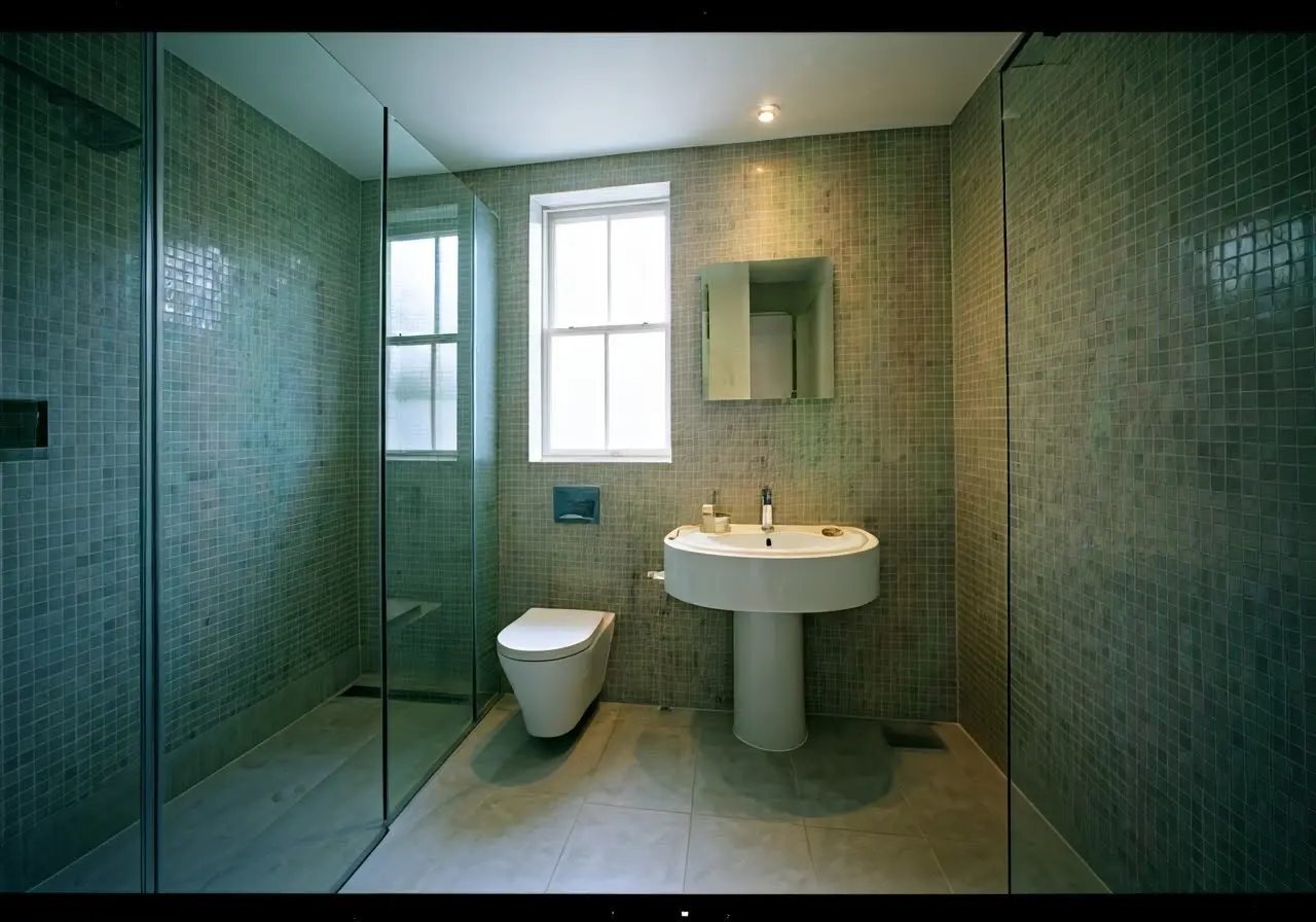 A modern, elegantly renovated bathroom with sleek fixtures and decor. 35mm stock photo