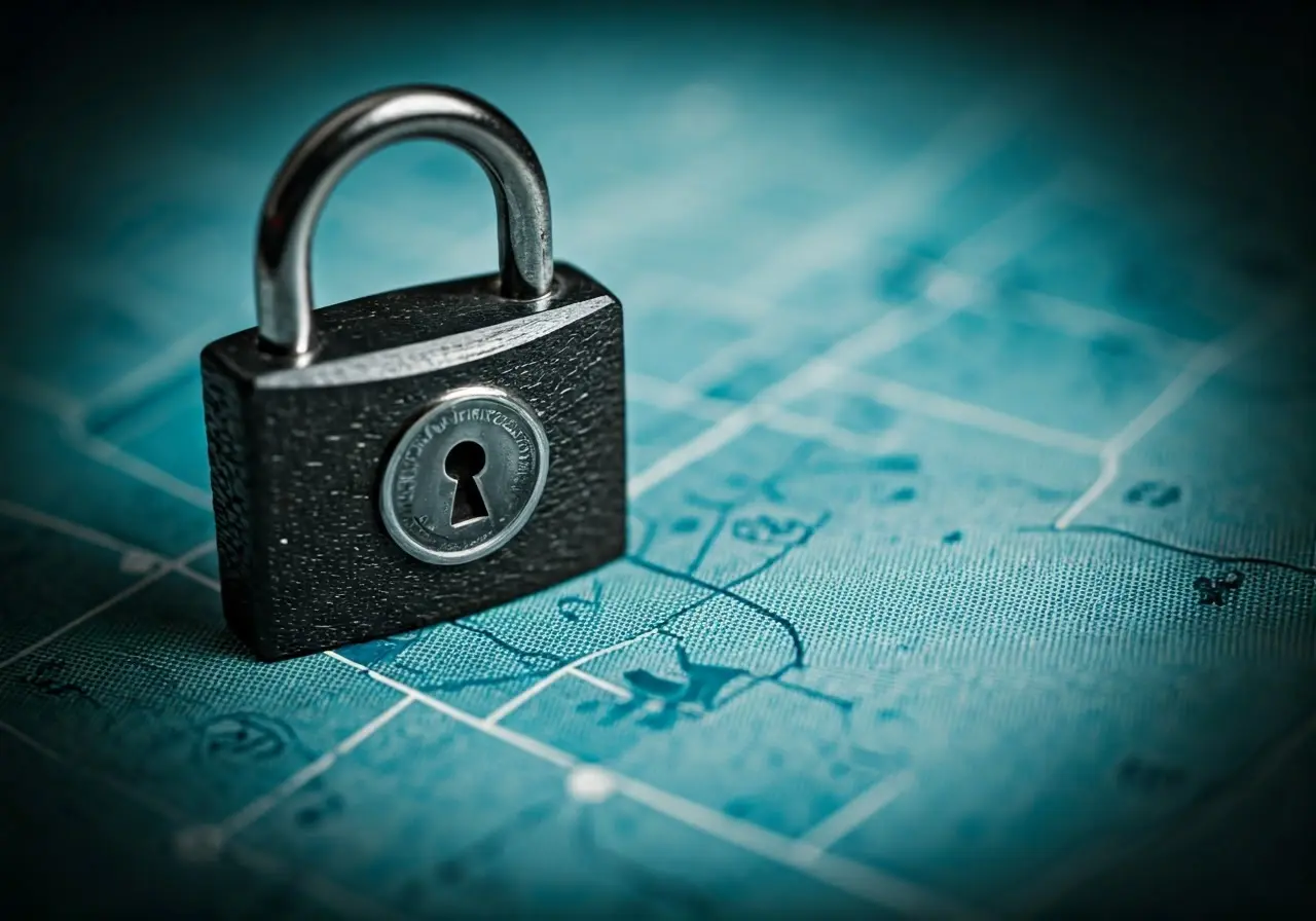 A digital padlock over a map of Kennewick. 35mm stock photo