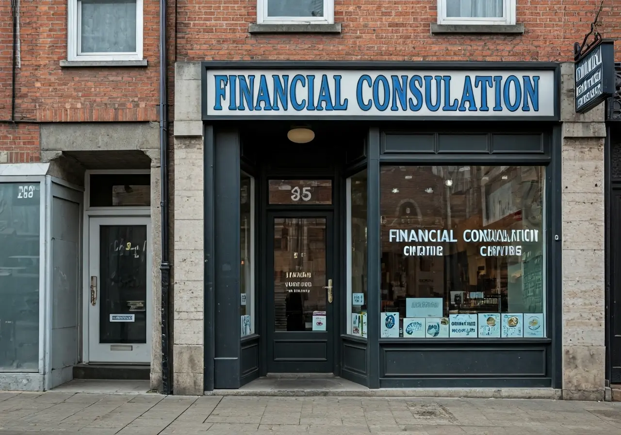 A small business storefront with a Financial Consultation sign. 35mm stock photo
