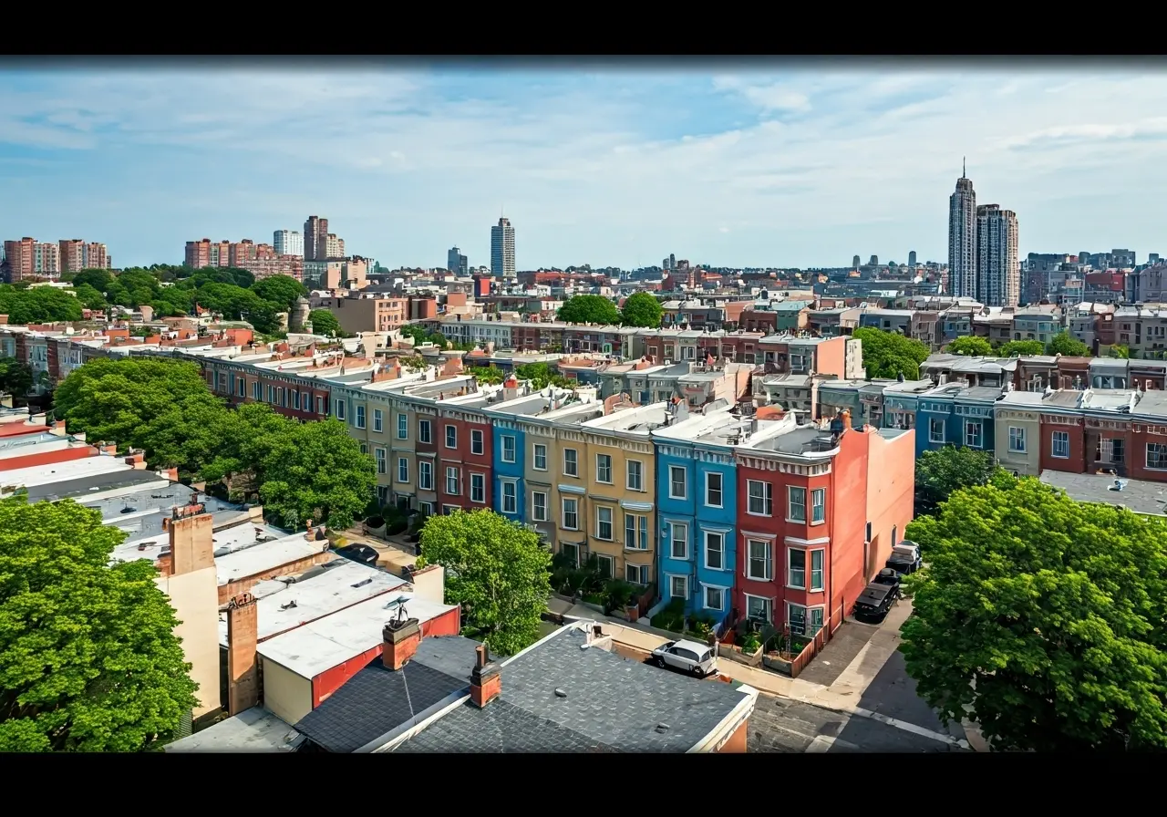Aerial view of colorful row houses in Washington, D.C. 35mm stock photo