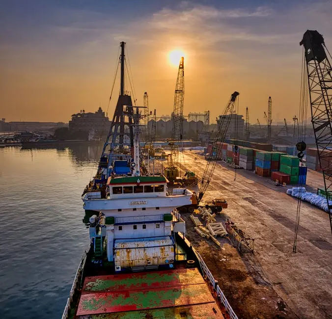 A vibrant scene of cargo operations during sunrise at a busy port in Indonesia.