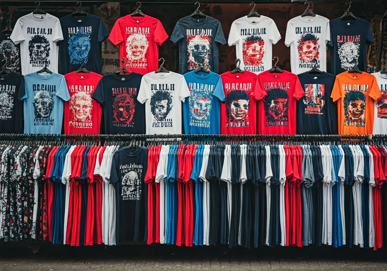 A colorful display of political-themed t-shirts hanging on racks. 35mm stock photo