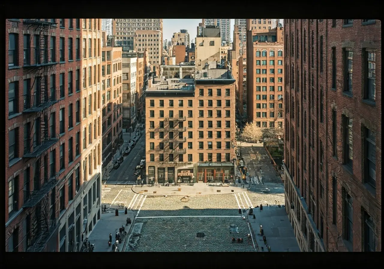 Aerial view of Tribeca’s historic cobblestone streets and buildings. 35mm stock photo