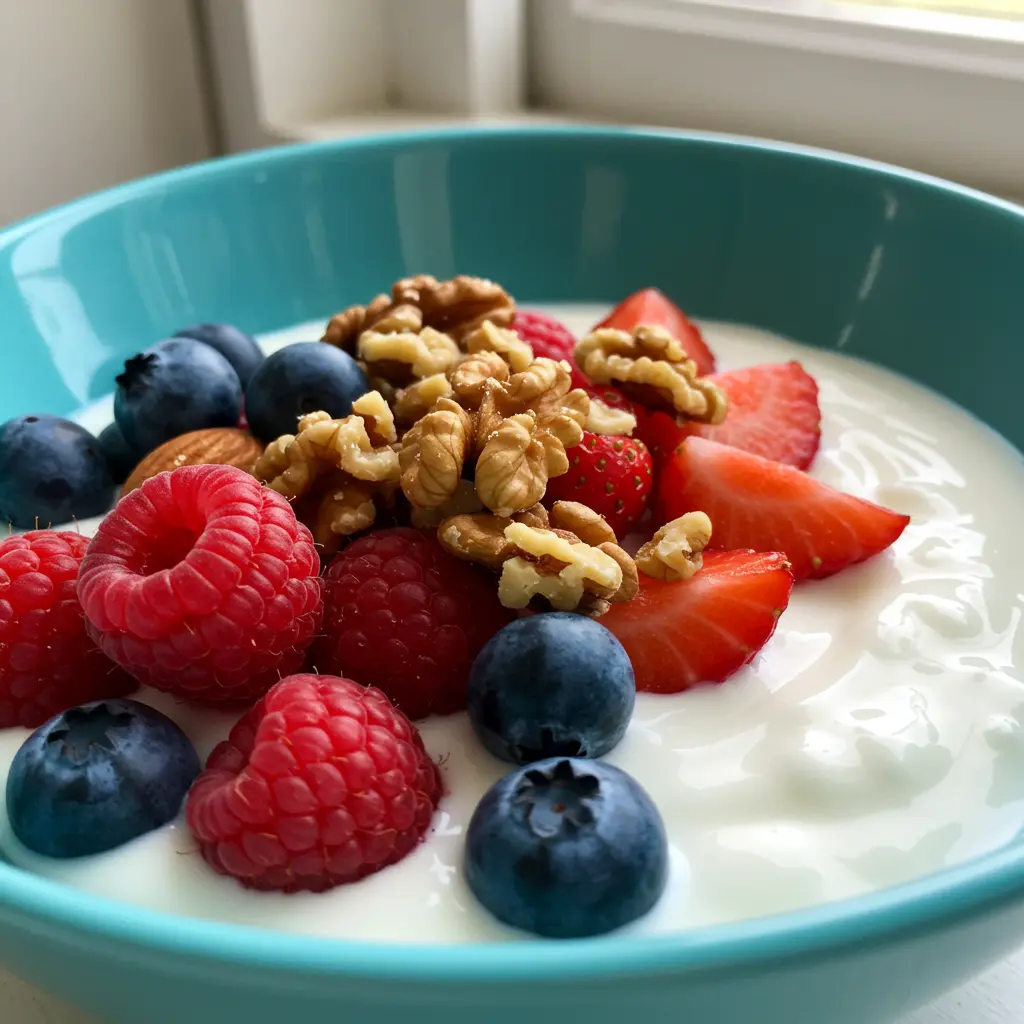 Close-up of a breakfast bowl with yogurt and berries.