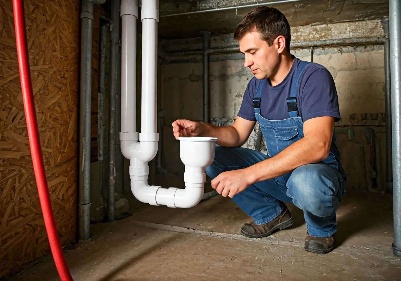 A plumber installing PVC pipes in a residential basement. 35mm stock photo