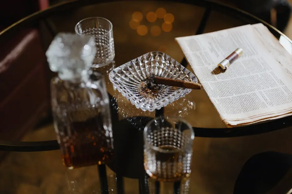 Elegant composition featuring a cigar and whiskey on a glass table, exuding luxury and sophistication.