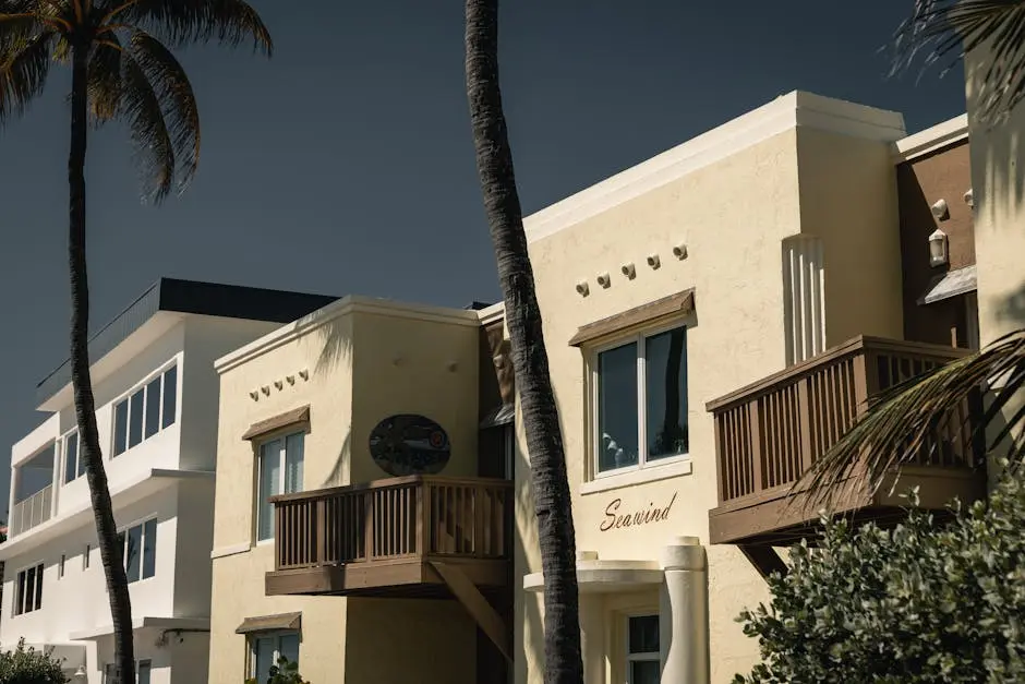 Charming seaside apartments under palm trees in Hollywood, Florida.