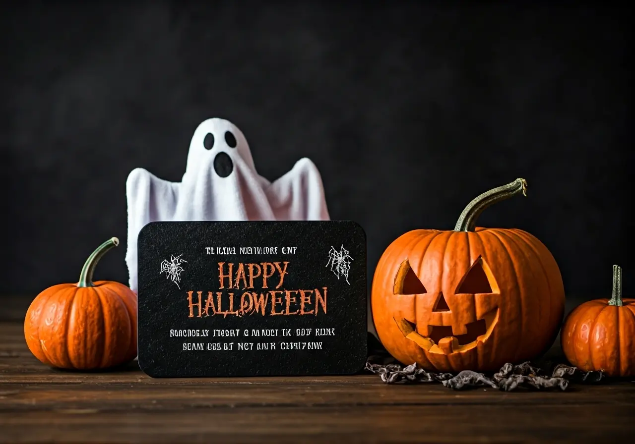 A spooky Halloween invitation with pumpkins and ghostly decorations. 35mm stock photo