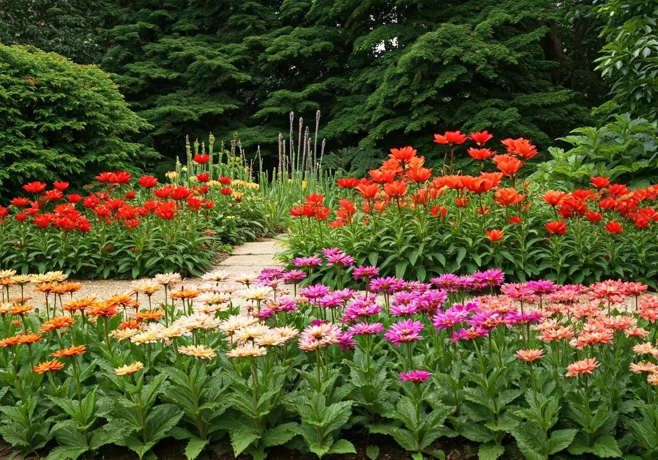 A peaceful, serene garden with vibrant blooming flowers. 35mm stock photo