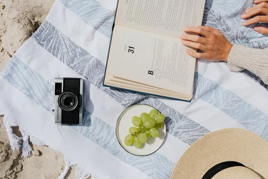 Relaxing summer picnic scene with a book, camera, and fresh grapes on a beach blanket.