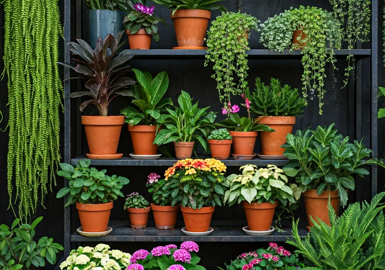 A colorful display of various indoor plants on shelves. 35mm stock photo