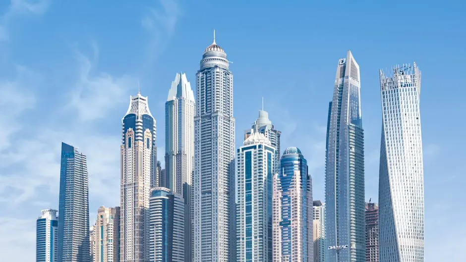 Stunning view of Dubai&rsquo;s iconic skyscrapers under a clear blue sky.