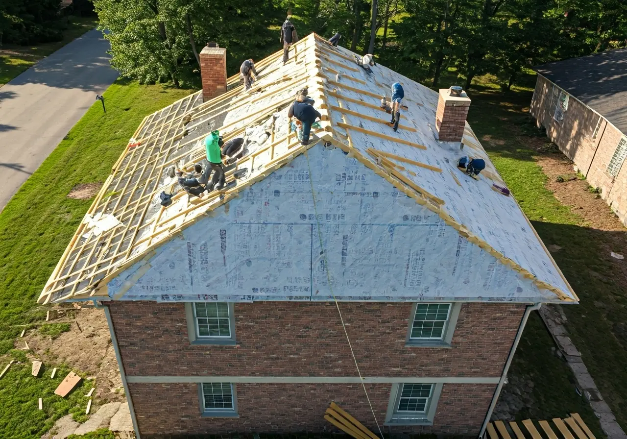 Aerial view of workers installing a new roof on a house. 35mm stock photo