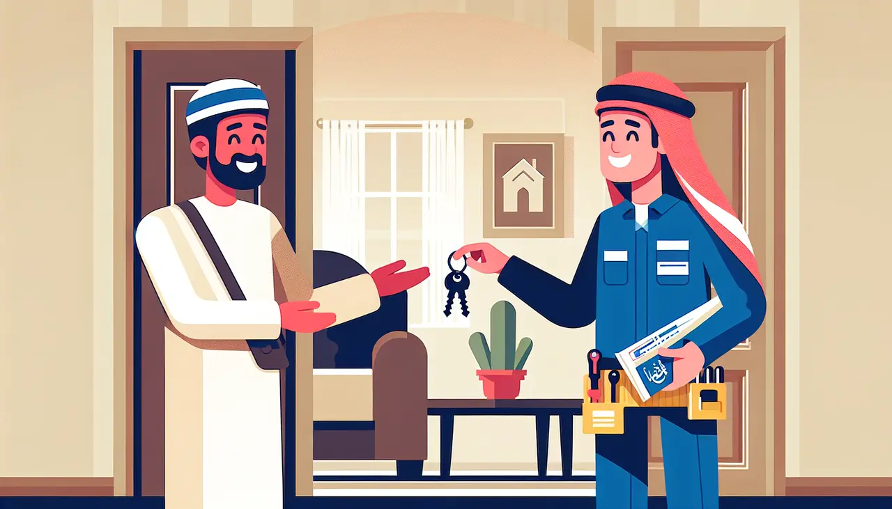 Draw a graphic in flat design style. A flat design illustration of a calm homeowner smiling while handing a set of keys to a professional remodeling expert in a neatly organized home setting.