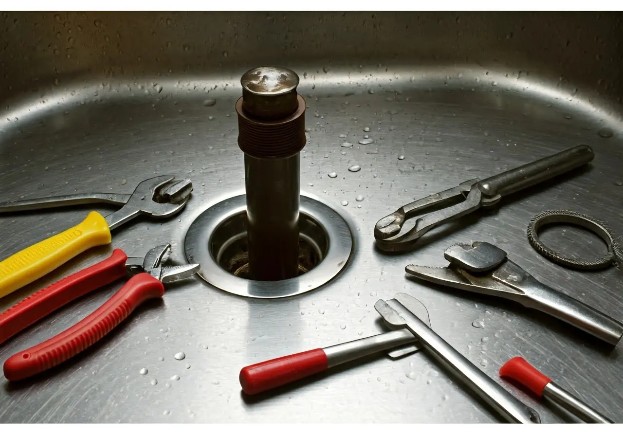 A clogged sink drain surrounded by tools and pipes. 35mm stock photo
