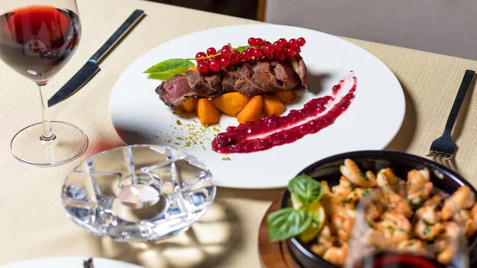 Delicious gourmet steak dinner with wine, served elegantly for fine dining.