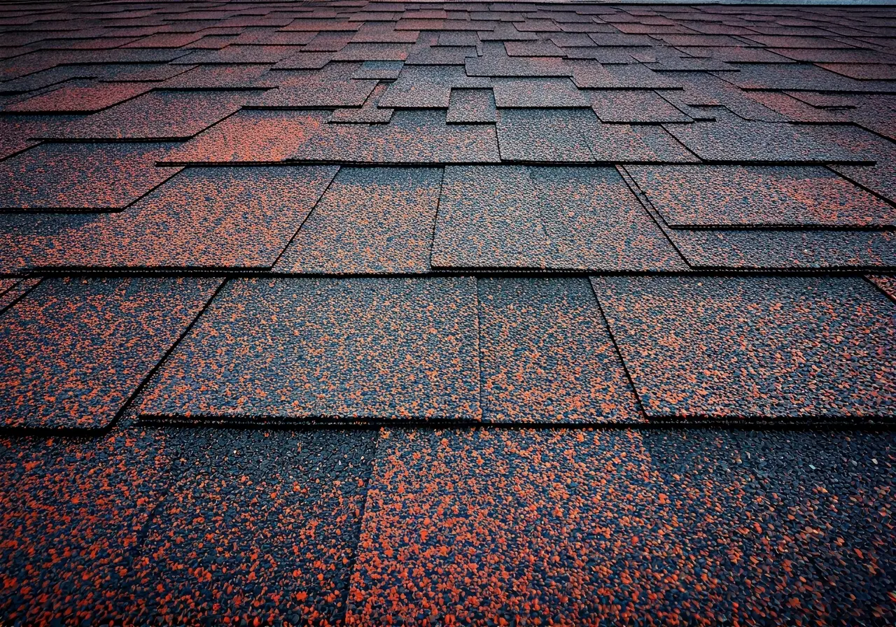 A close-up of vibrant Malarkey Vista shingles on a roof. 35mm stock photo