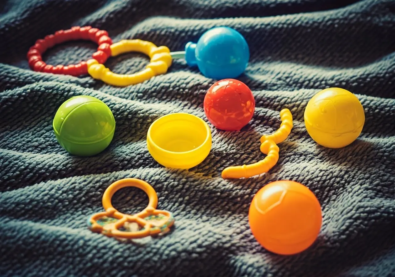 Colorful toys scattered on a soft, plush baby blanket. 35mm stock photo