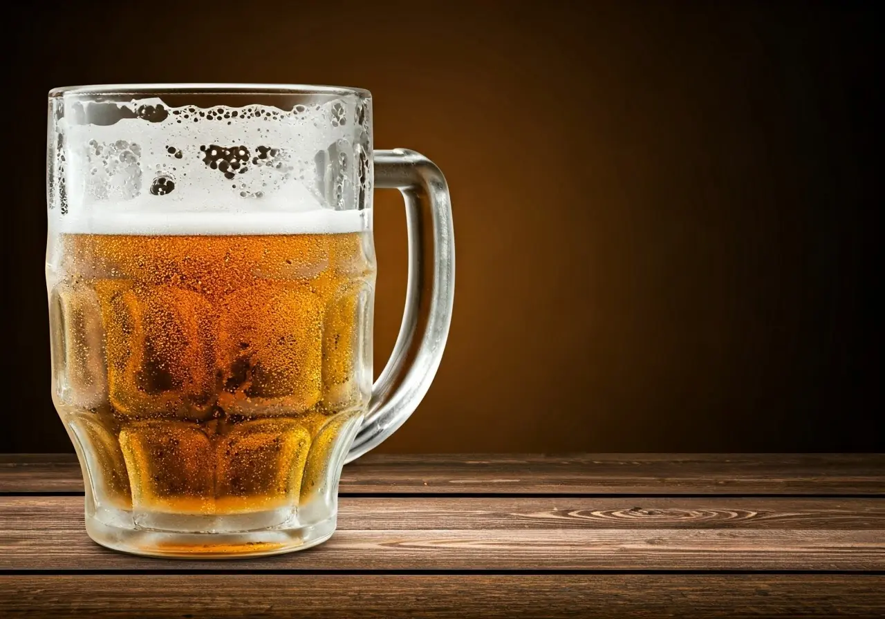 A frosty mug of alcohol-free beer on a wooden table. 35mm stock photo