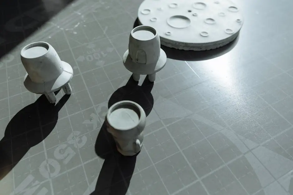 Top view of abstract miniature white sculptures on a grid surface, showcasing artistic design.