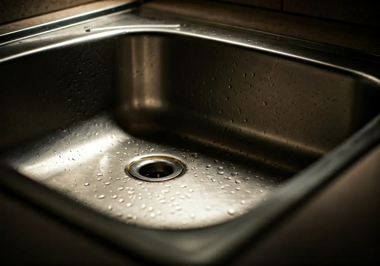 Close-up of sparkling clean kitchen sink after drain cleaning. 35mm stock photo