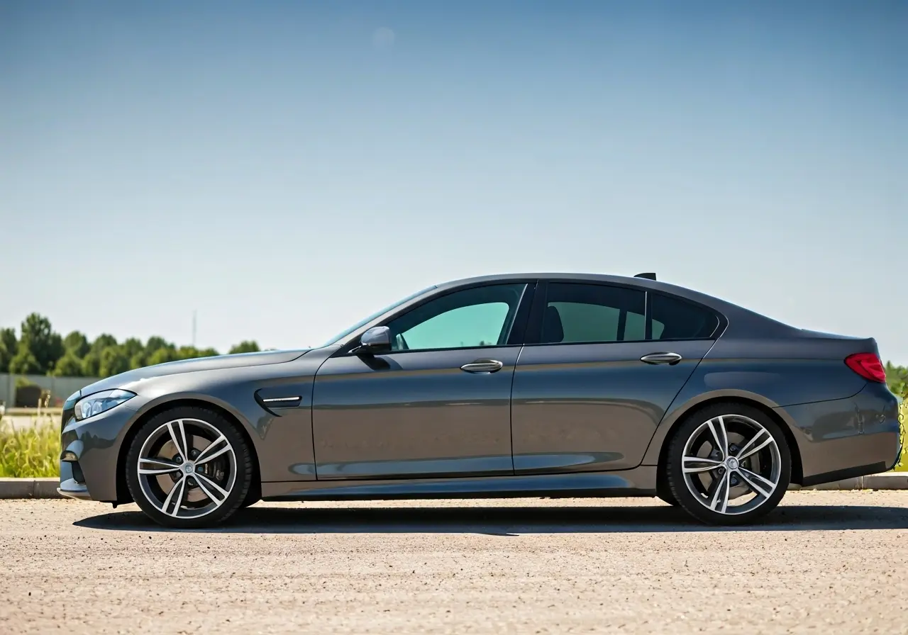 A sleek car with tinted windows parked under a sunny sky. 35mm stock photo