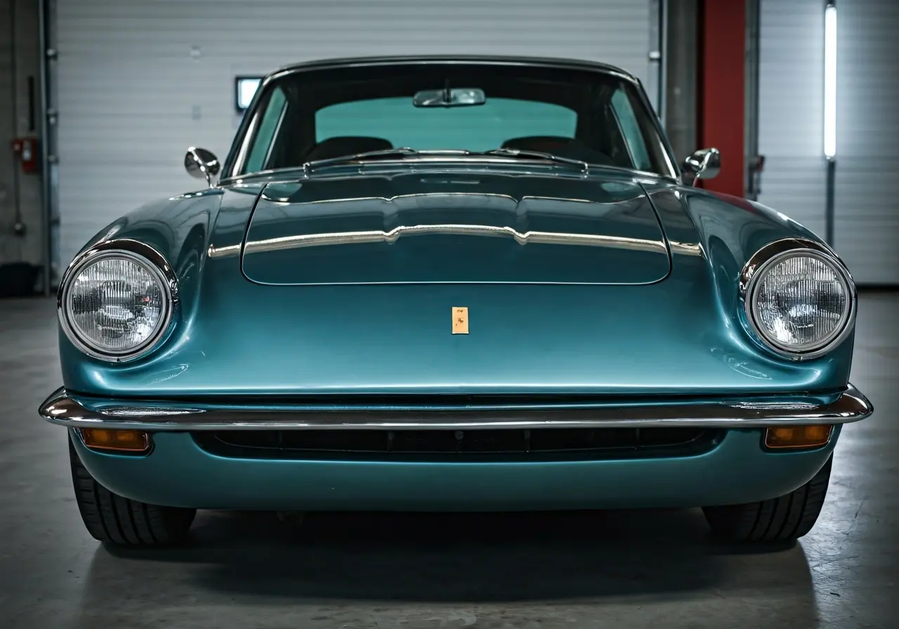 A shiny car reflecting light in a garage setting. 35mm stock photo