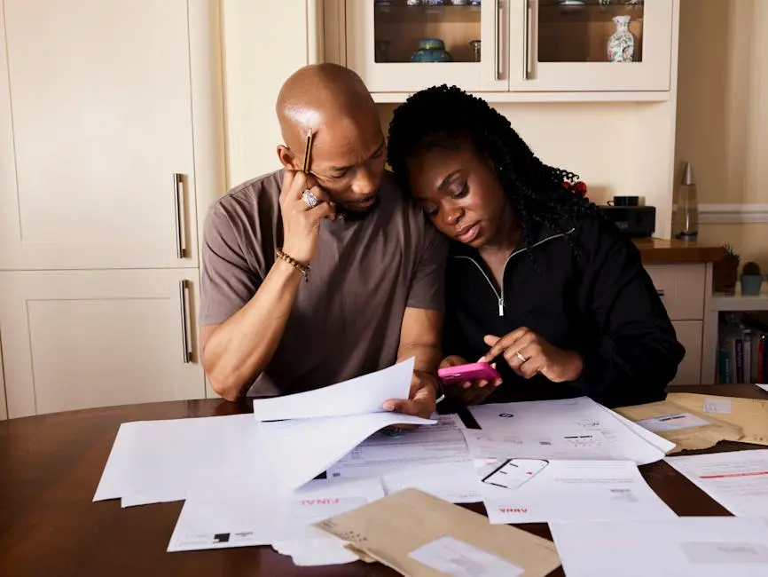 A couple sits at a table managing domestic finances, evaluating documents and using a smartphone.