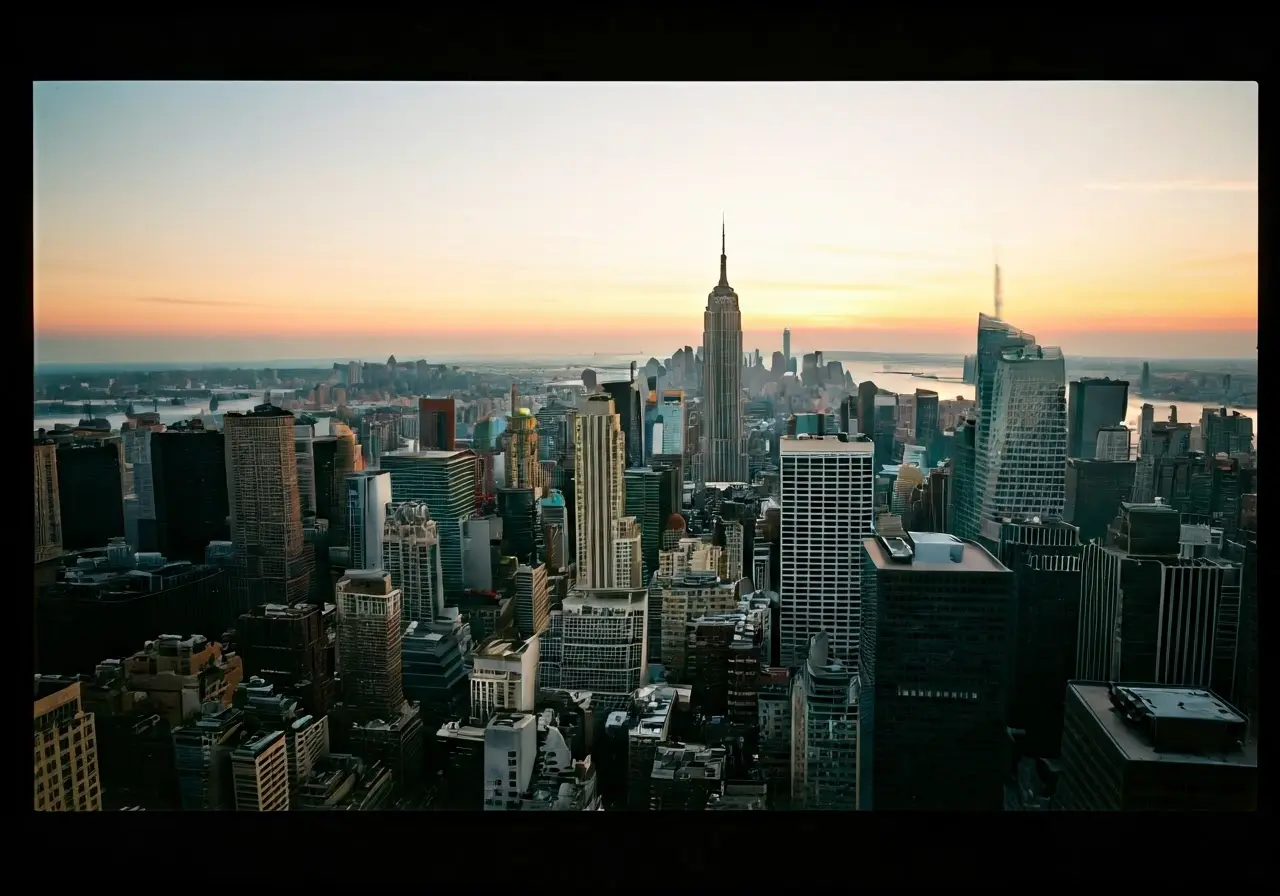Aerial view of New York City skyline at sunset. 35mm stock photo
