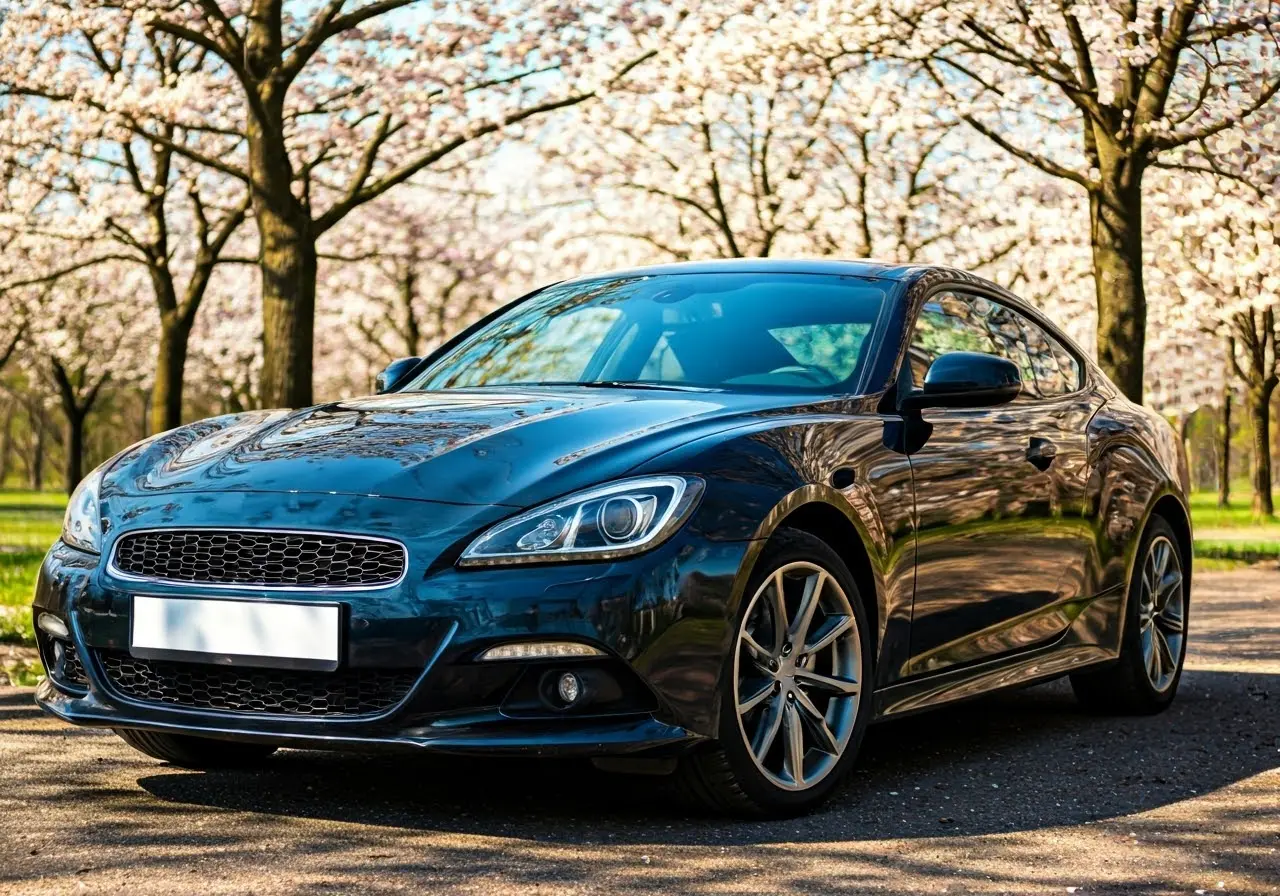 A shiny car reflecting spring blossoms in a sunny park. 35mm stock photo