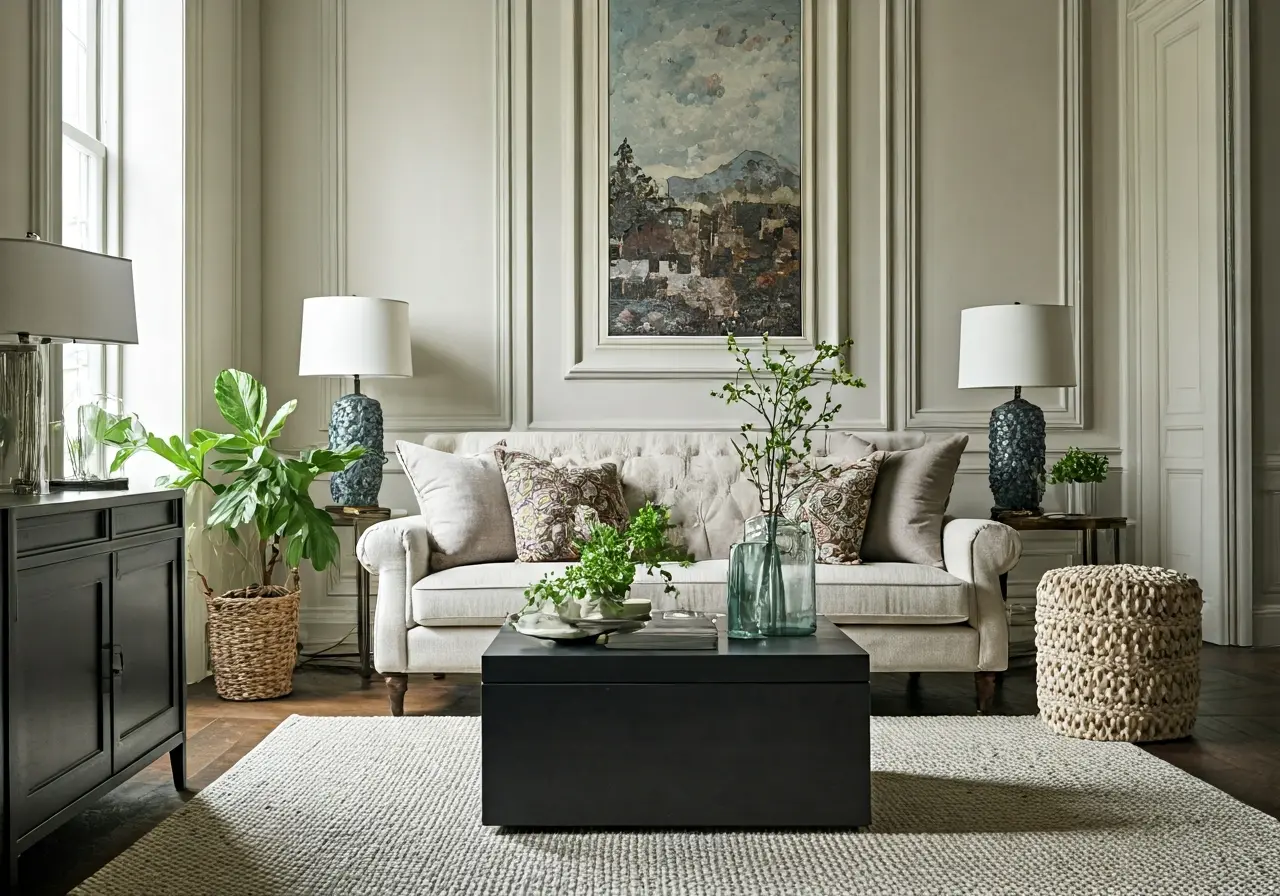 A beautifully staged living room with modern, elegant décor. 35mm stock photo