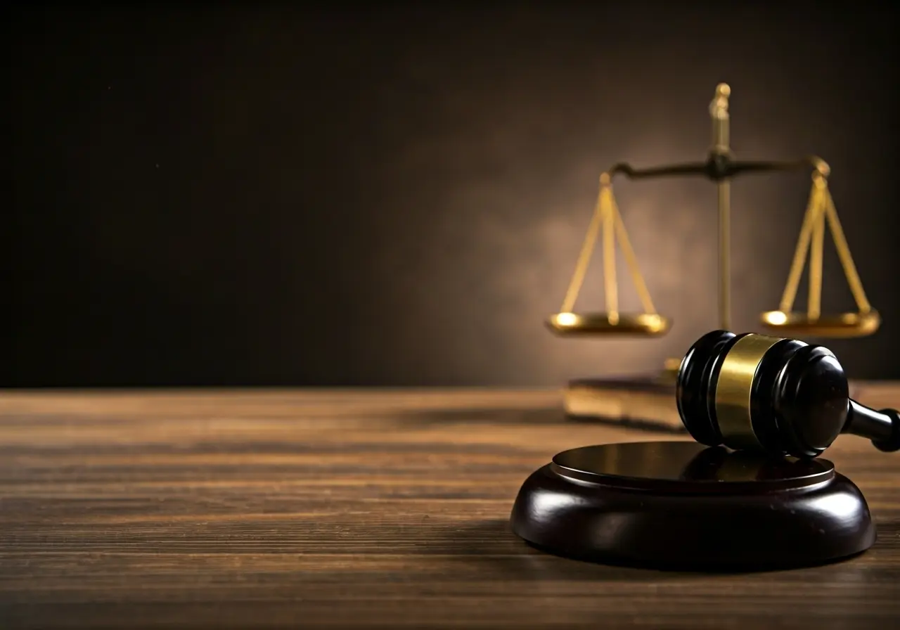 A gavel and scales of justice on a wooden desk. 35mm stock photo