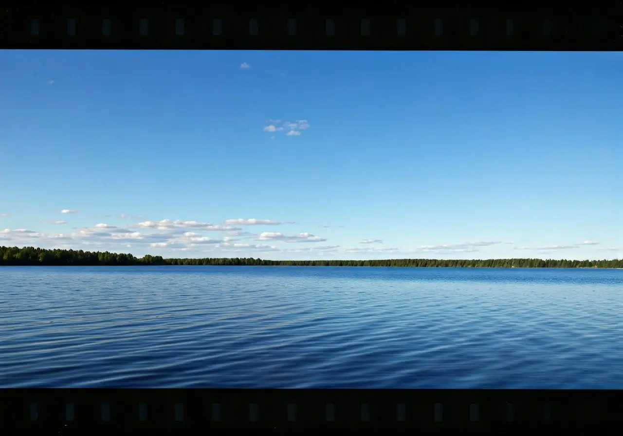A serene landscape with calming blue sky and water. 35mm stock photo