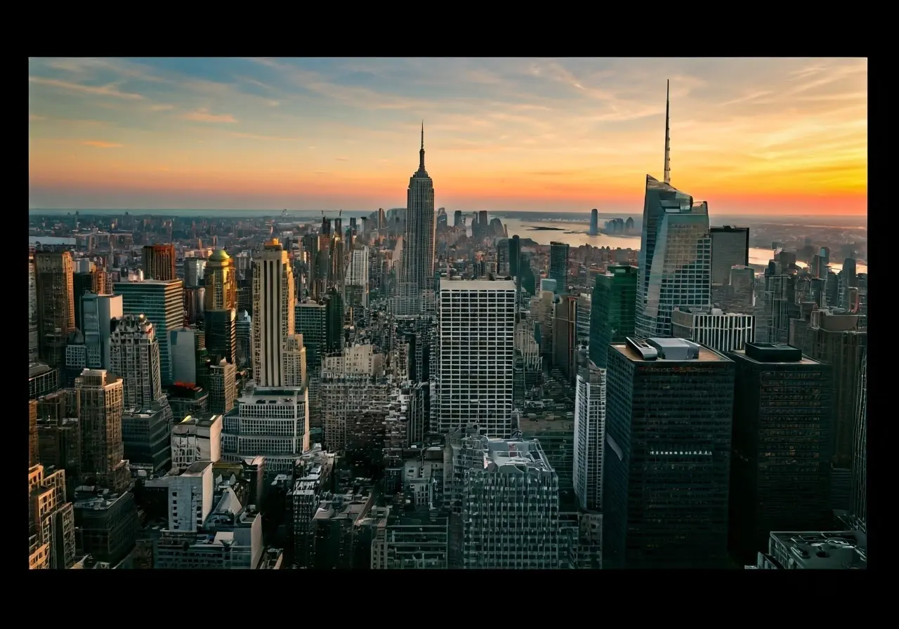Aerial view of New York City skyline at sunset. 35mm stock photo