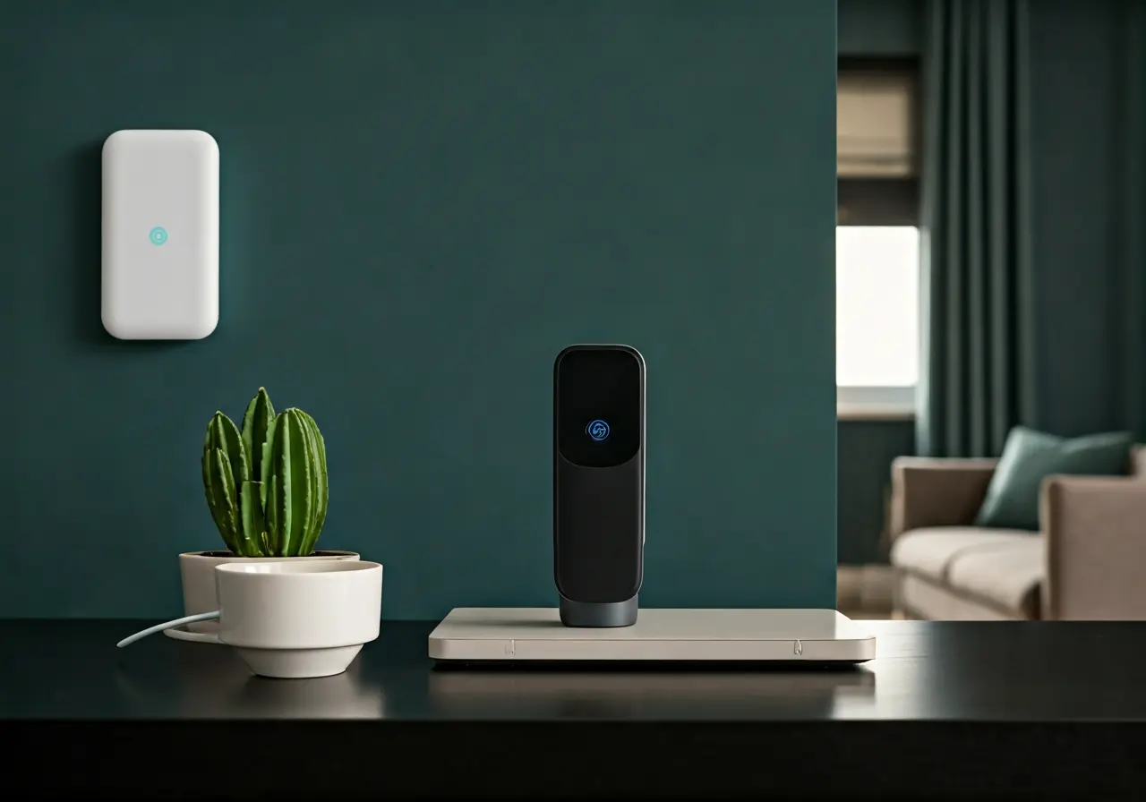 A stylish living room with high-tech smart home devices. 35mm stock photo