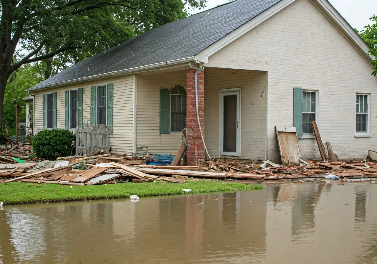 A flooded home with debris scattered in the front yard. 35mm stock photo