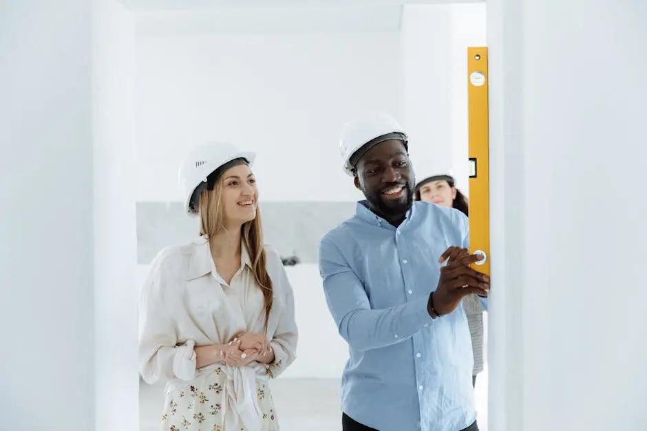 Couple in hard hats using a bubble level during new home construction. Bright indoor setting.