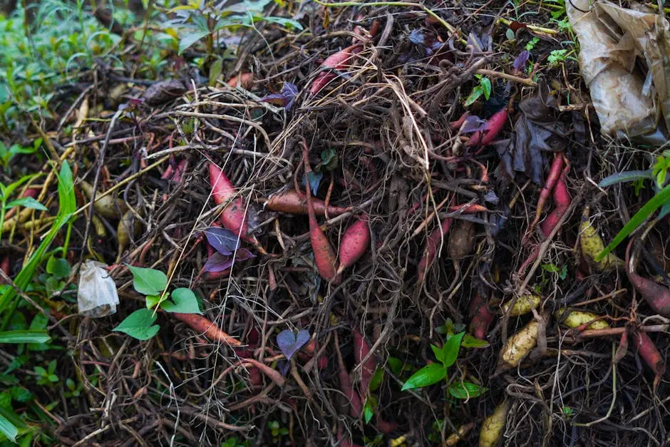 Pile of organic compost with various plant roots and leaves, showcasing vibrant natural colors.