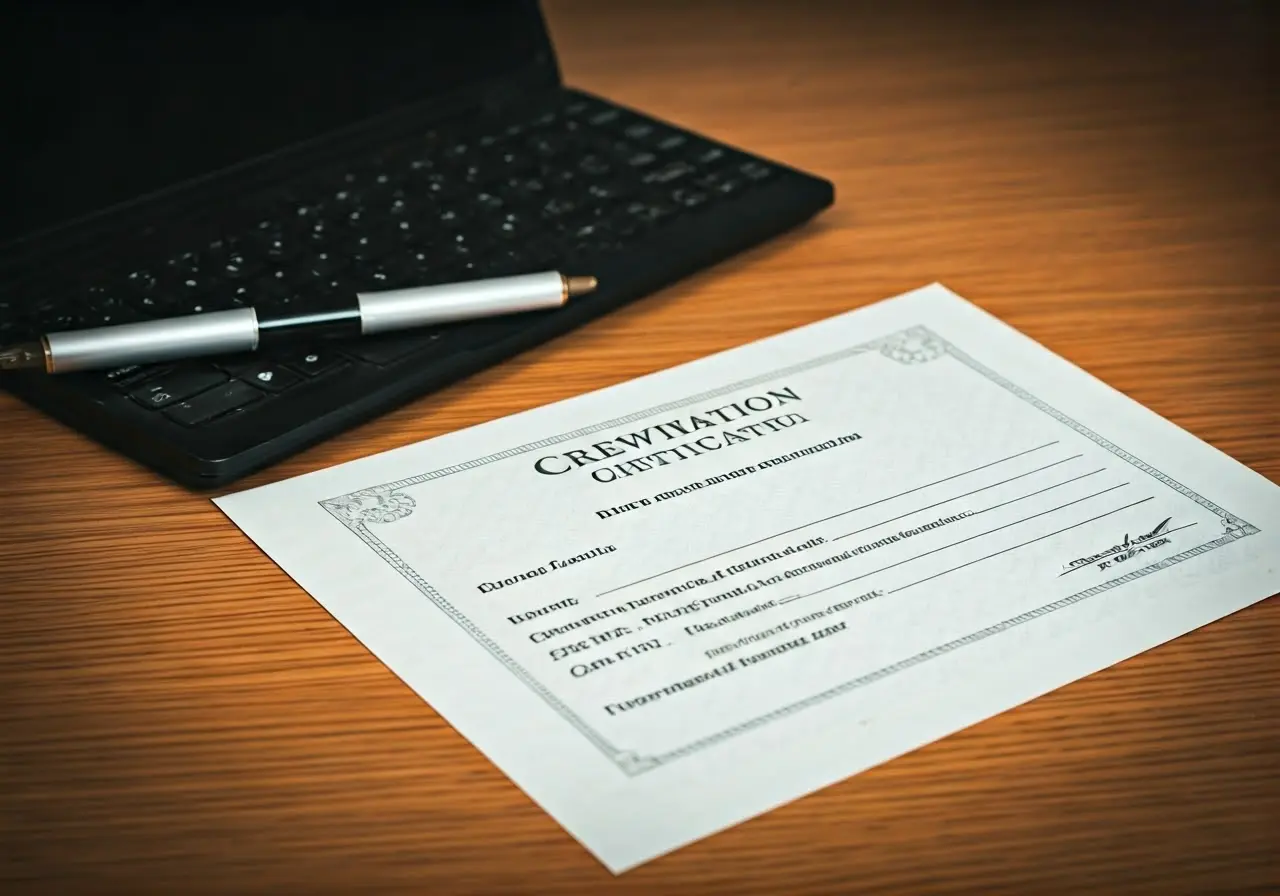 A cremation certificate lying on a wooden office desk. 35mm stock photo
