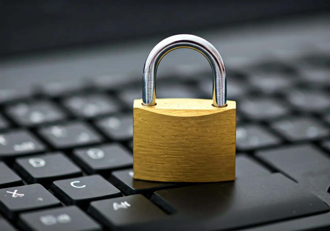 A close-up of a padlock on a computer keyboard. 35mm stock photo